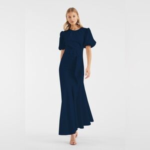 Sachin & Babi Camila Crepe Ruched Mermaid Maxi Dress w Puff Sleeve Navy Blue NWT